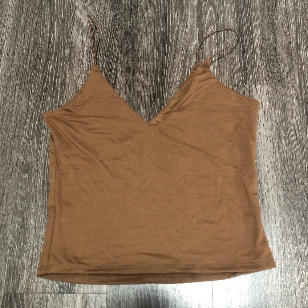 Gaze Brown V-Neck Cropped Cami Top Skinny Spaghetti Straps Size S
